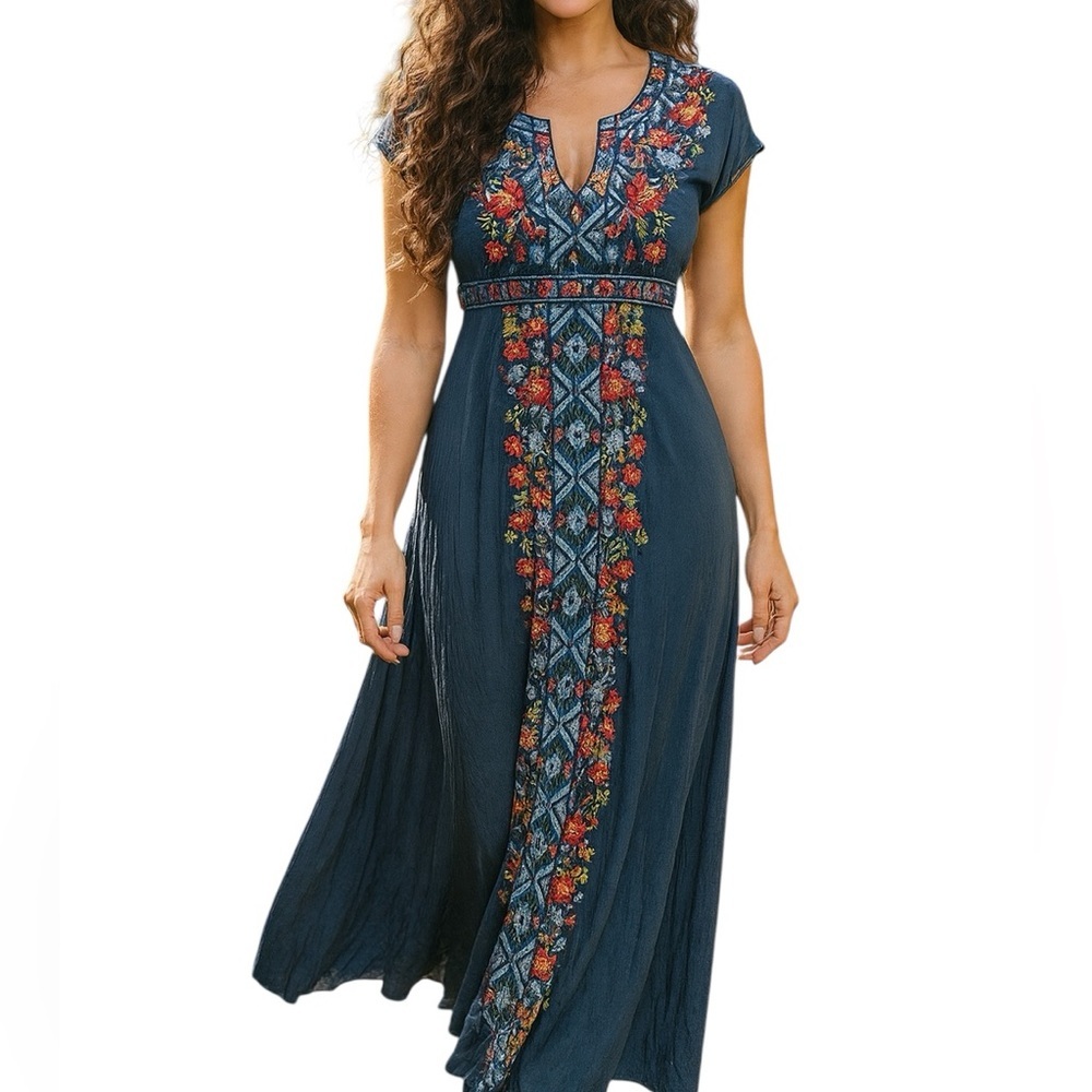 Johnny Was Cassie heavily embroidered Challis maxi dress in slate blue NWT RARE